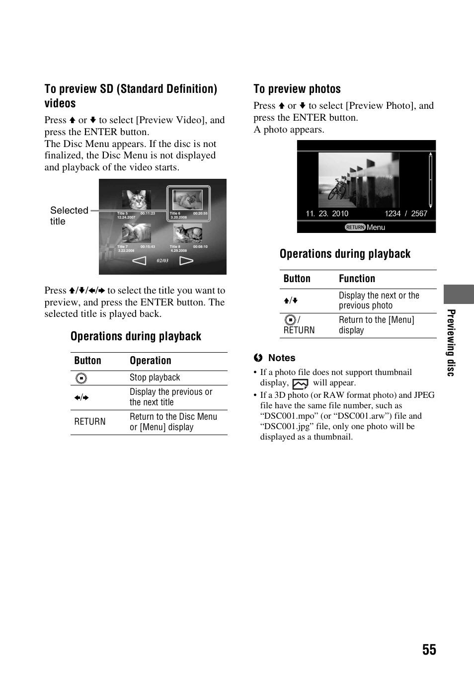 Operations during playback to preview photos, Operations during playback | Sony VBD-MA1 User Manual | Page 55 / 84