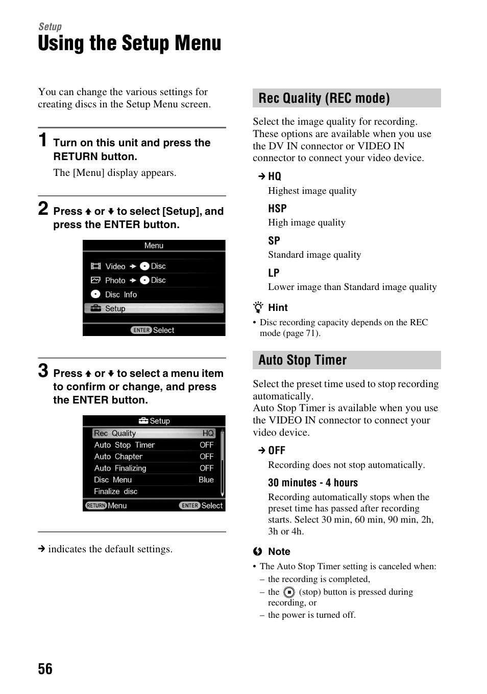 Setup, Using the setup menu, Rec quality (rec mode) | Auto stop timer, Rec quality (rec mode) auto stop timer | Sony VBD-MA1 User Manual | Page 56 / 84