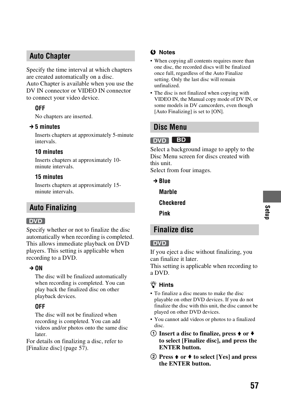 Auto chapter, Auto finalizing, Disc menu | Finalize disc, Auto chapter auto finalizing, Disc menu finalize disc | Sony VBD-MA1 User Manual | Page 57 / 84