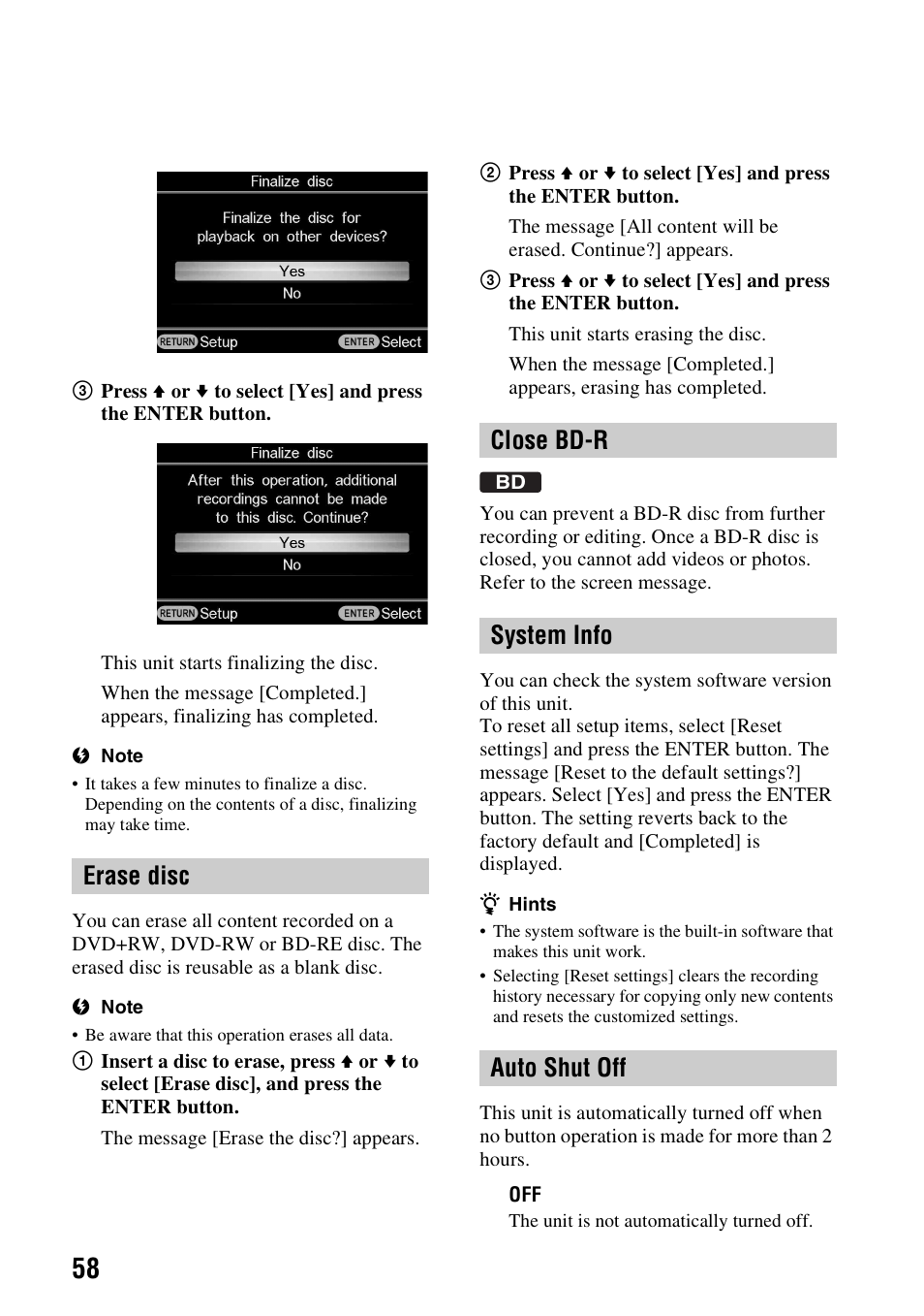 Erase disc, Close bd-r, System info | Auto shut off, Erase disc close bd-r system info auto shut off | Sony VBD-MA1 User Manual | Page 58 / 84