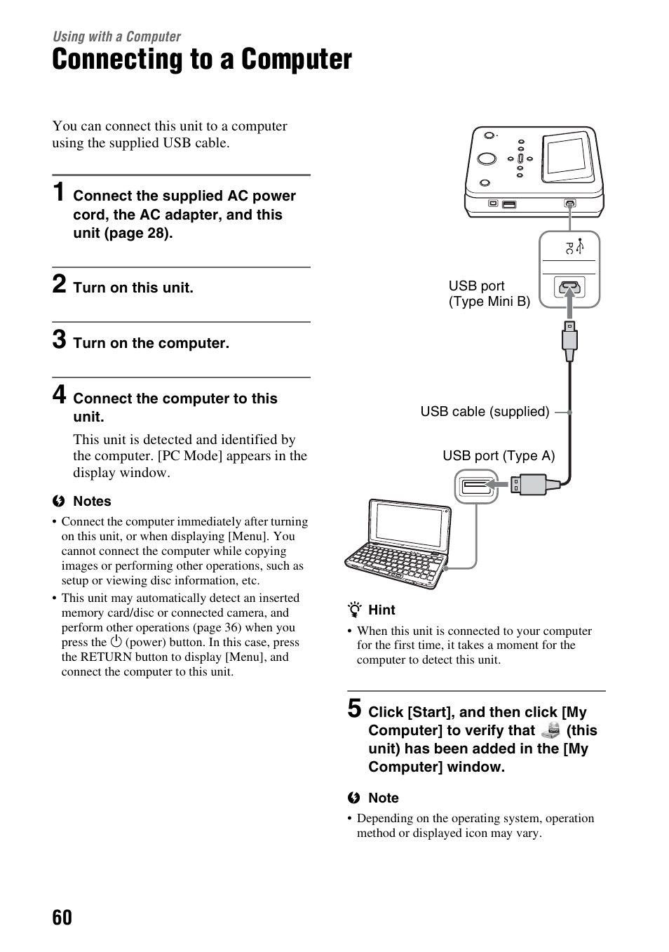 Using with a computer, Connecting to a computer | Sony VBD-MA1 User Manual | Page 60 / 84