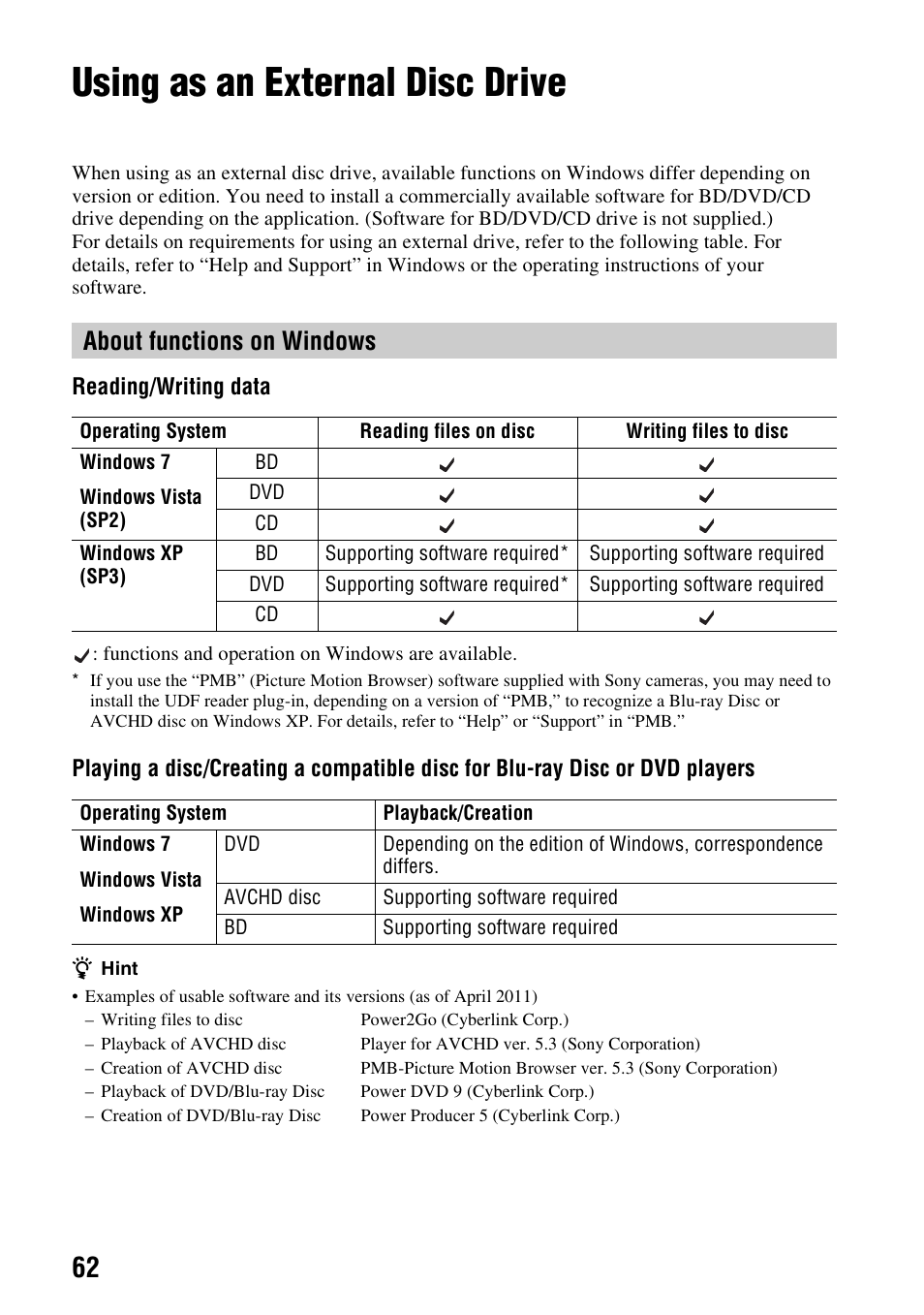 Using as an external disc drive, About functions on windows | Sony VBD-MA1 User Manual | Page 62 / 84