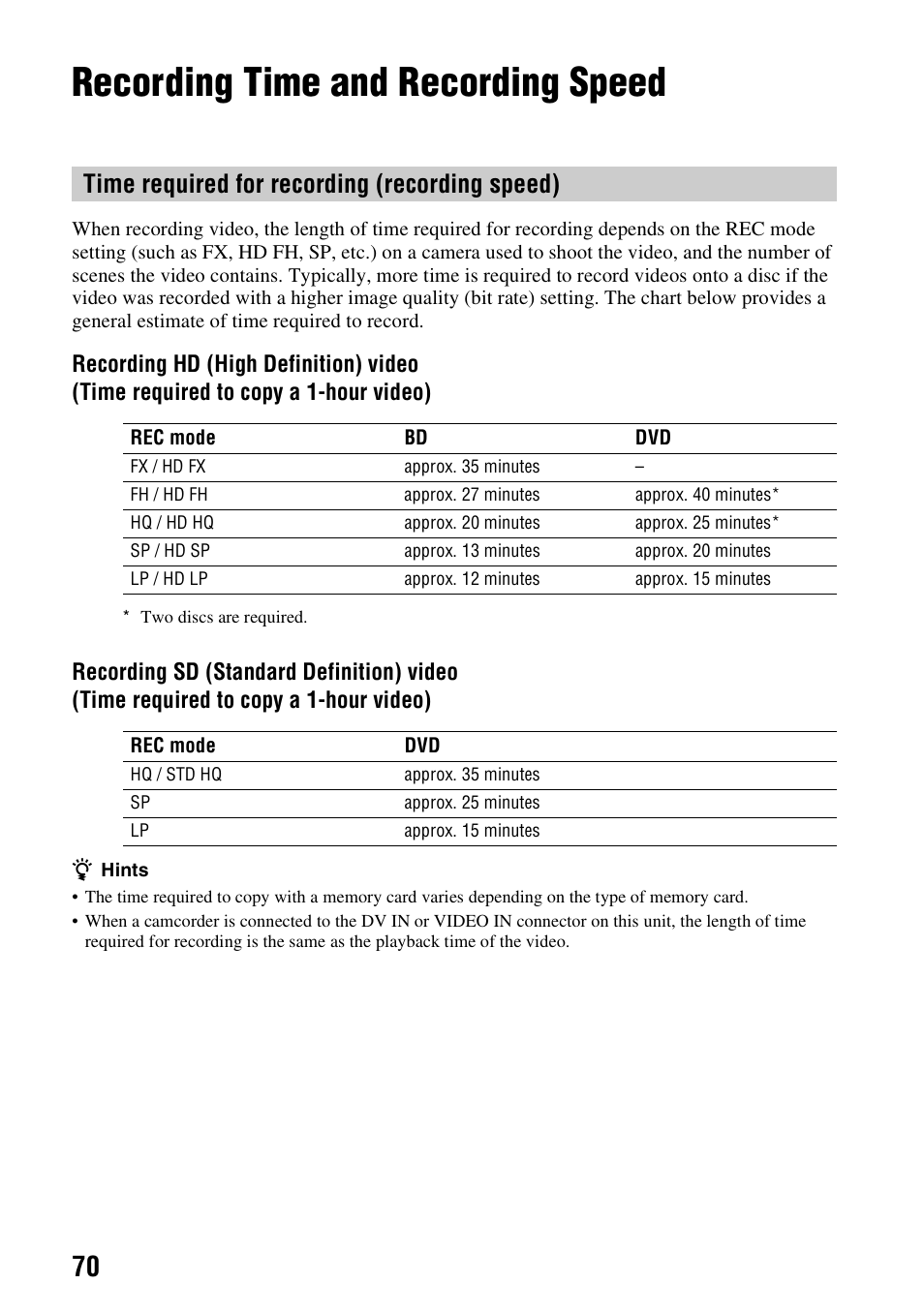 Recording time and recording speed, Recording time and recording, Speed | Time required for recording (recording speed) | Sony VBD-MA1 User Manual | Page 70 / 84