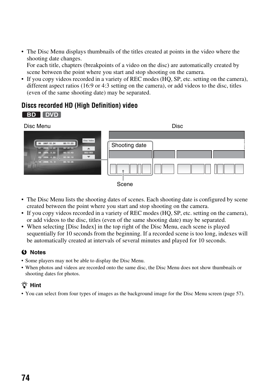 Discs recorded hd (high definition) video, Zhint, Bd dvd | Disc menu disc shooting date scene | Sony VBD-MA1 User Manual | Page 74 / 84