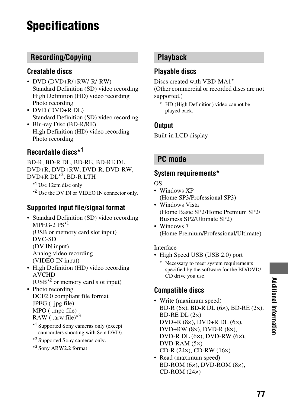 Specifications, Recording/copying, Playback | Pc mode | Sony VBD-MA1 User Manual | Page 77 / 84