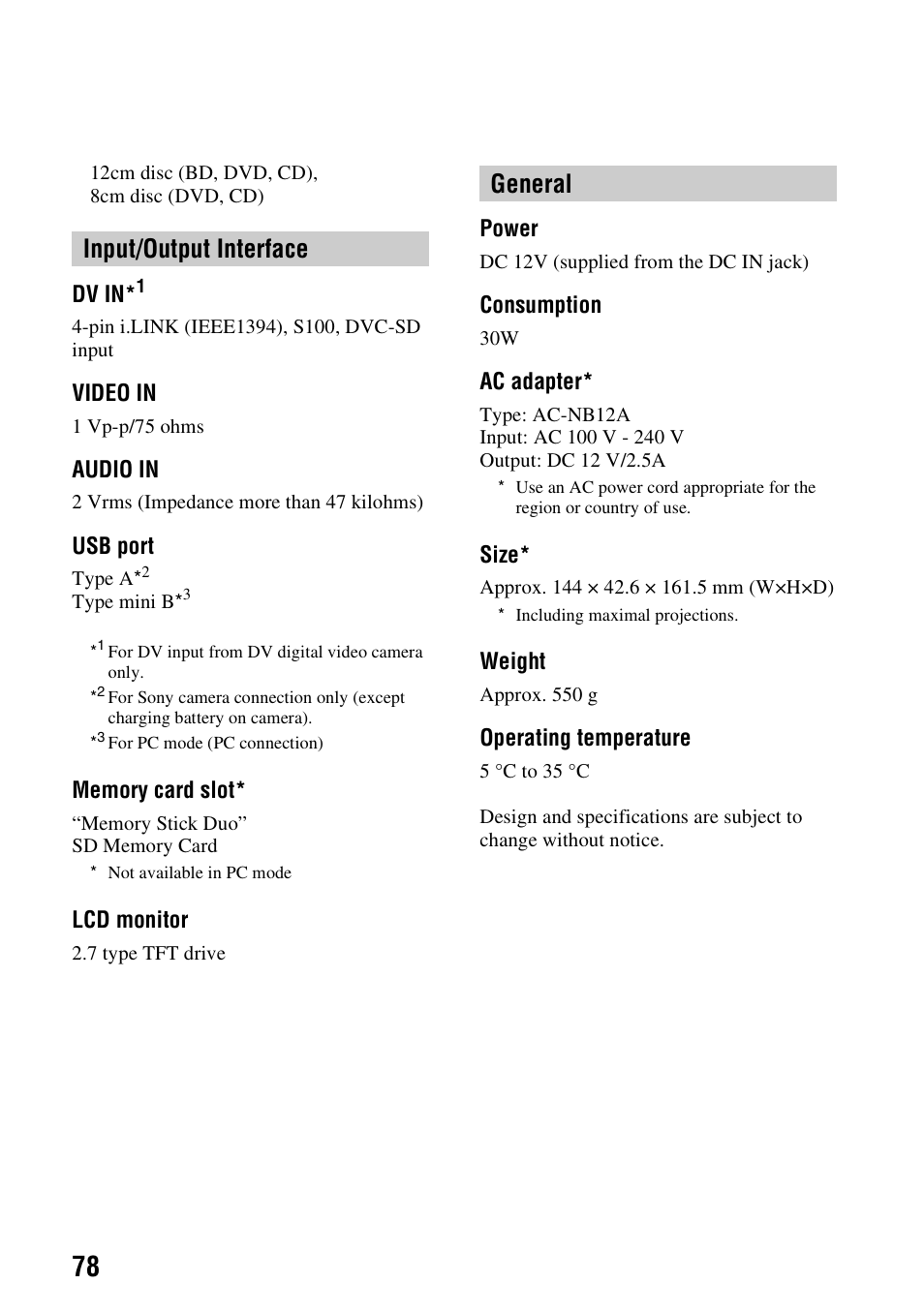 Input/output interface, General | Sony VBD-MA1 User Manual | Page 78 / 84