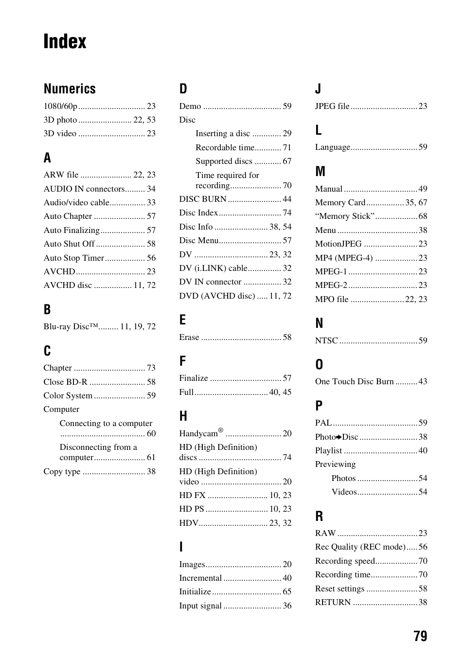 Index, Numerics | Sony VBD-MA1 User Manual | Page 79 / 84