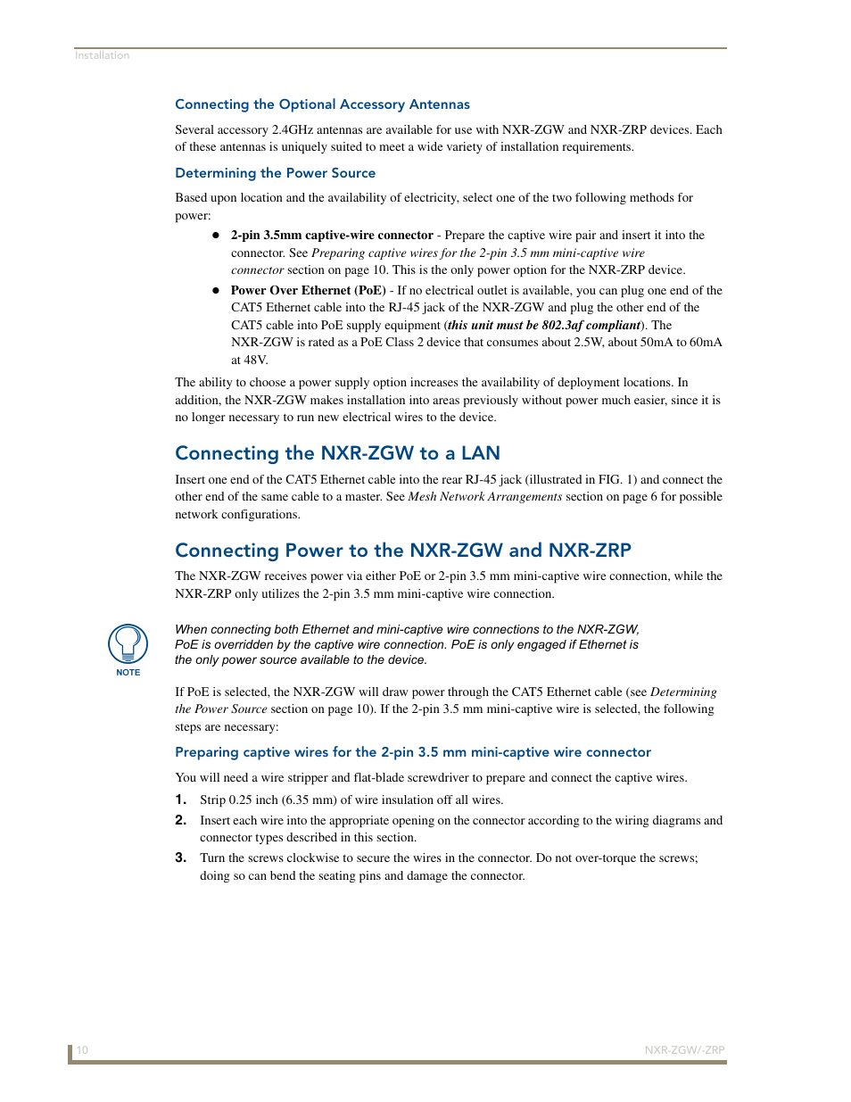 Connecting the optional accessory antennas, Determining the power source, Connecting the nxr-zgw to a lan | Connecting power to the nxr-zgw and nxr-zrp | AMX NetLinx ZigBee Compatible Gateway and Repeater NXR-ZGW/-ZRP User Manual | Page 16 / 42