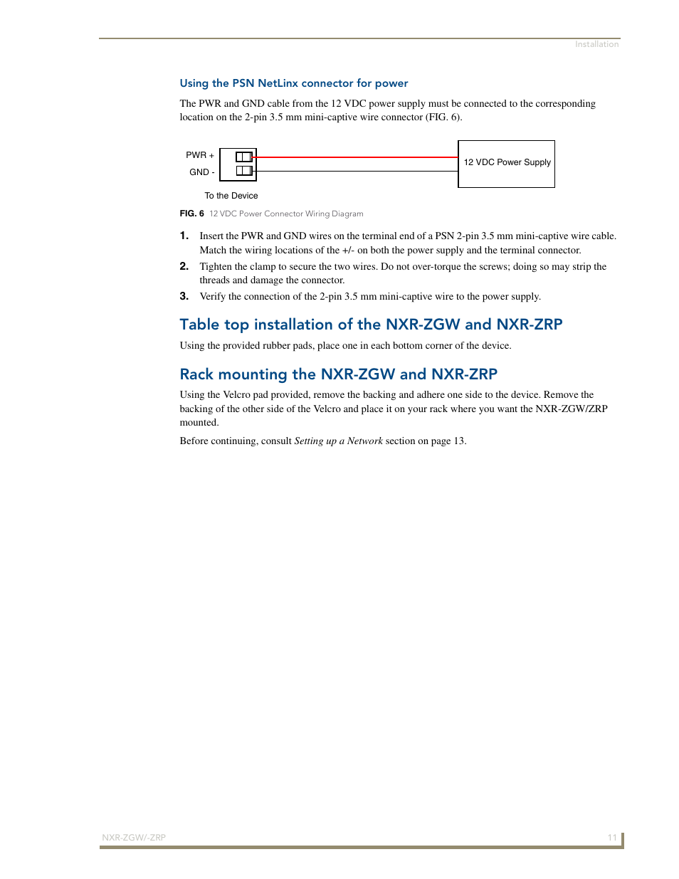 Using the psn netlinx connector for power, Table top installation of the nxr-zgw and nxr-zrp, Rack mounting the nxr-zgw and nxr-zrp | AMX NetLinx ZigBee Compatible Gateway and Repeater NXR-ZGW/-ZRP User Manual | Page 17 / 42