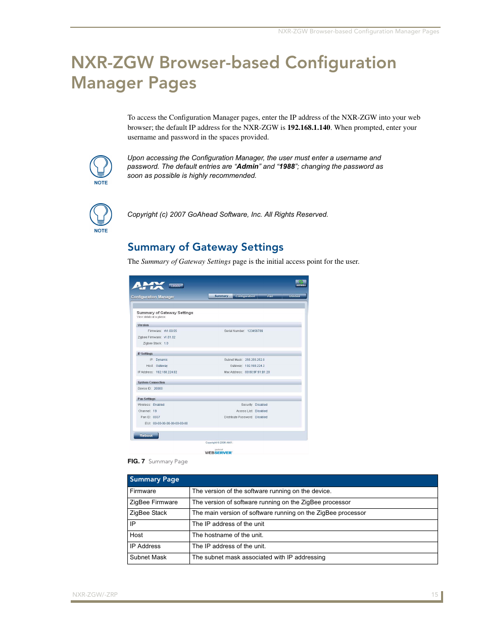 Summary of gateway settings, Nxr-zgw browser-based configuration manager pages | AMX NetLinx ZigBee Compatible Gateway and Repeater NXR-ZGW/-ZRP User Manual | Page 21 / 42