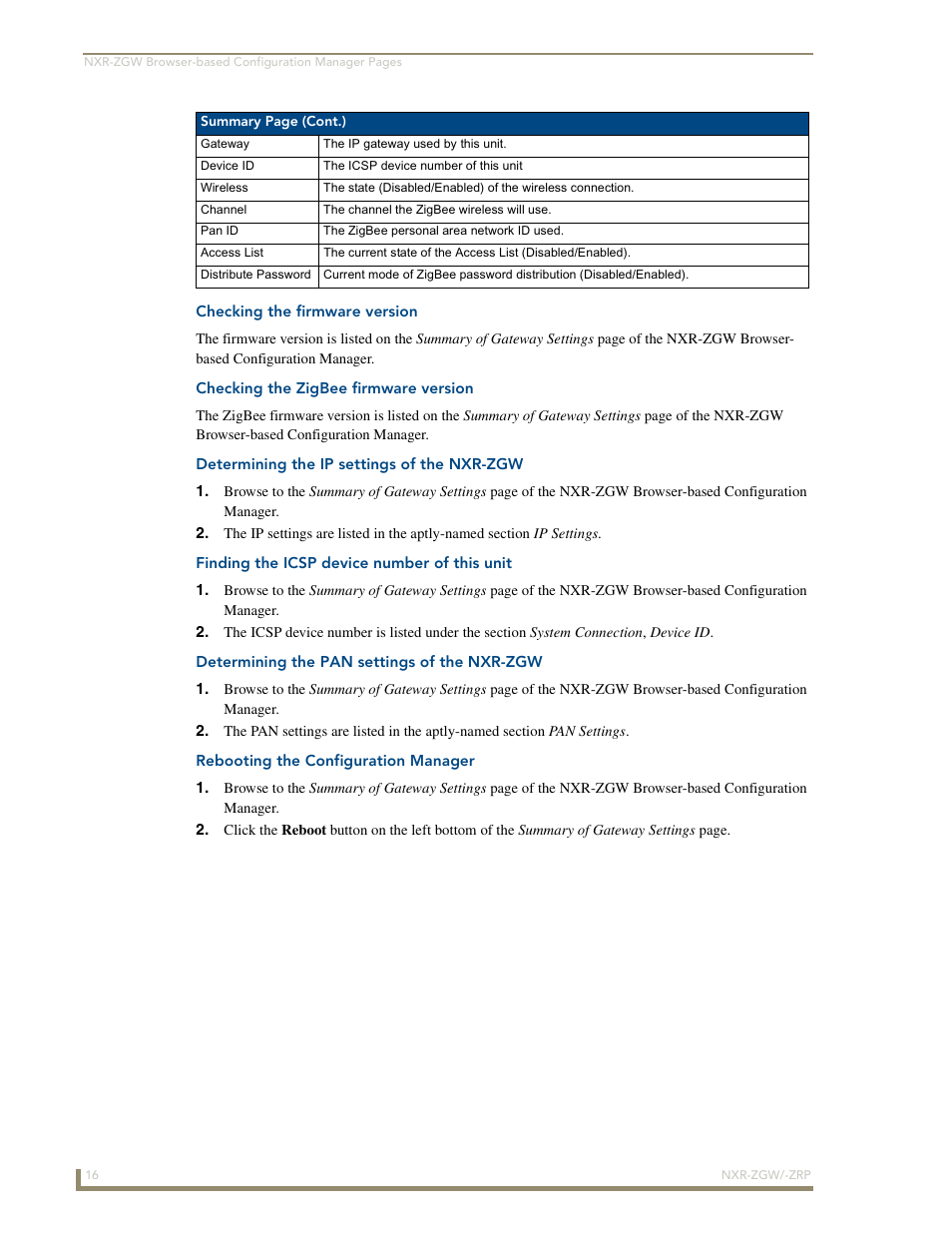 Checking the firmware version, Checking the zigbee firmware version, Determining the ip settings of the nxr-zgw | Finding the icsp device number of this unit, Determining the pan settings of the nxr-zgw, Rebooting the configuration manager | AMX NetLinx ZigBee Compatible Gateway and Repeater NXR-ZGW/-ZRP User Manual | Page 22 / 42