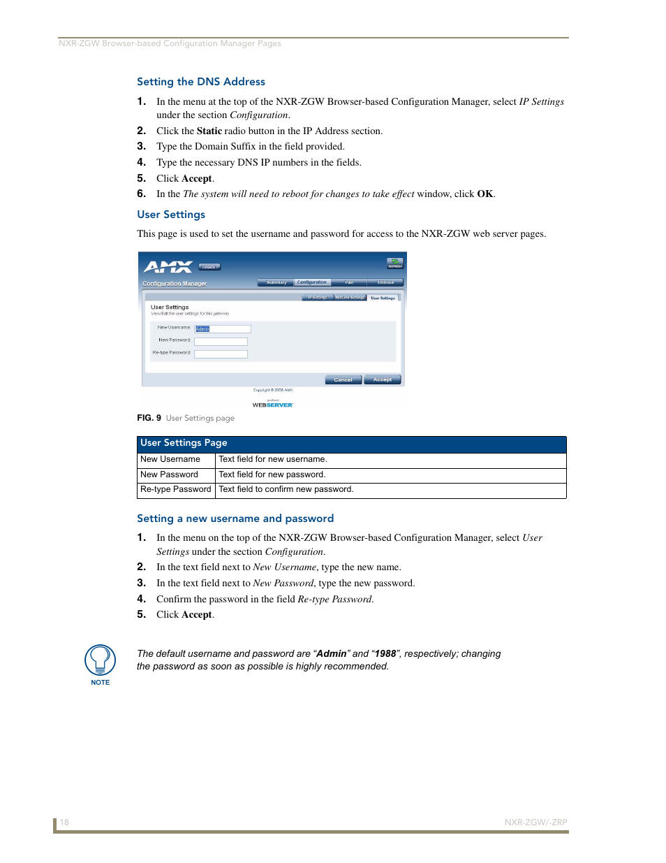 Setting the dns address, User settings, Setting a new username and password | AMX NetLinx ZigBee Compatible Gateway and Repeater NXR-ZGW/-ZRP User Manual | Page 24 / 42