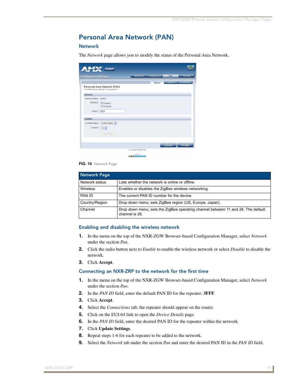 Personal area network (pan), Network, Enabling and disabling the wireless network | AMX NetLinx ZigBee Compatible Gateway and Repeater NXR-ZGW/-ZRP User Manual | Page 25 / 42