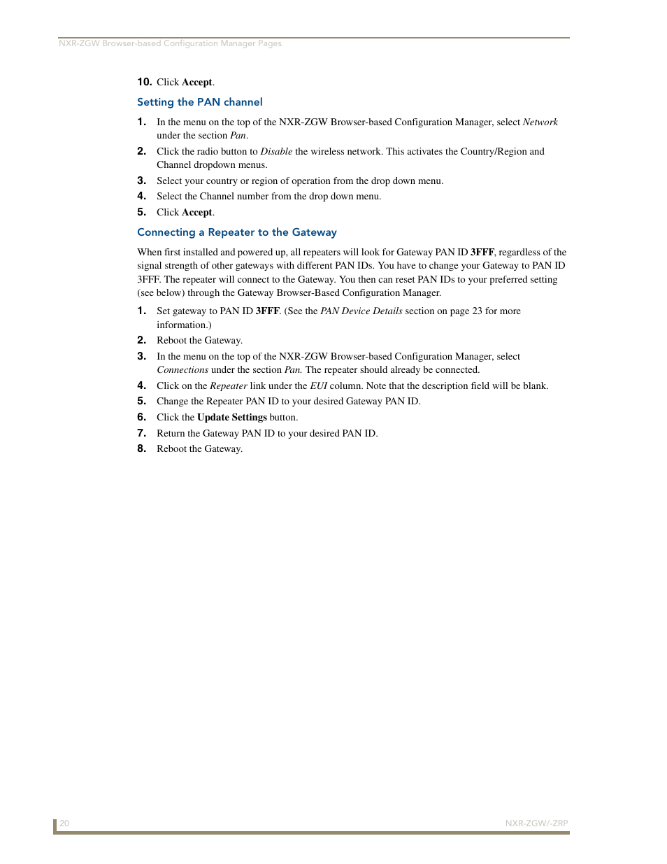 Setting the pan channel, Connecting a repeater to the gateway | AMX NetLinx ZigBee Compatible Gateway and Repeater NXR-ZGW/-ZRP User Manual | Page 26 / 42