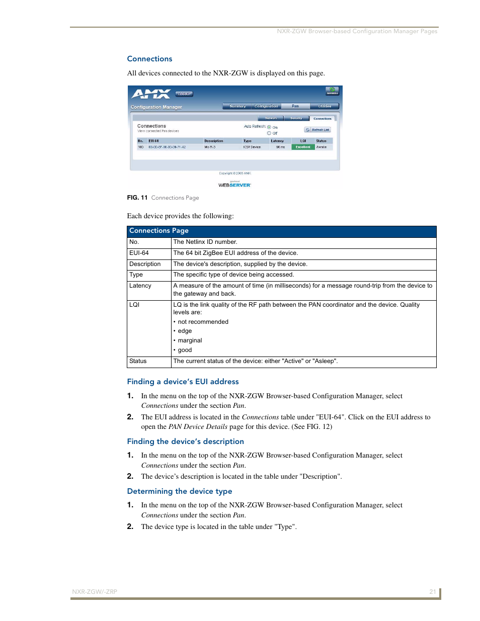 Connections, Finding a device’s eui address, Finding the device’s description | Determining the device type | AMX NetLinx ZigBee Compatible Gateway and Repeater NXR-ZGW/-ZRP User Manual | Page 27 / 42