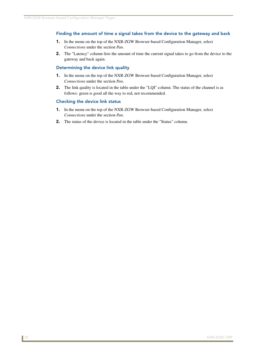 Determining the device link quality, Checking the device link status | AMX NetLinx ZigBee Compatible Gateway and Repeater NXR-ZGW/-ZRP User Manual | Page 28 / 42