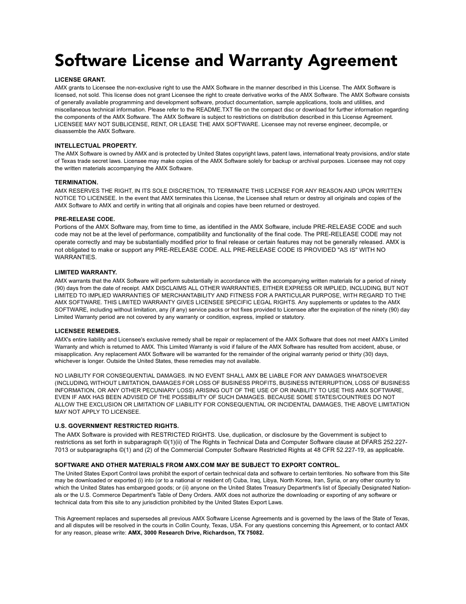 Software license and warranty agreement | AMX NetLinx ZigBee Compatible Gateway and Repeater NXR-ZGW/-ZRP User Manual | Page 3 / 42