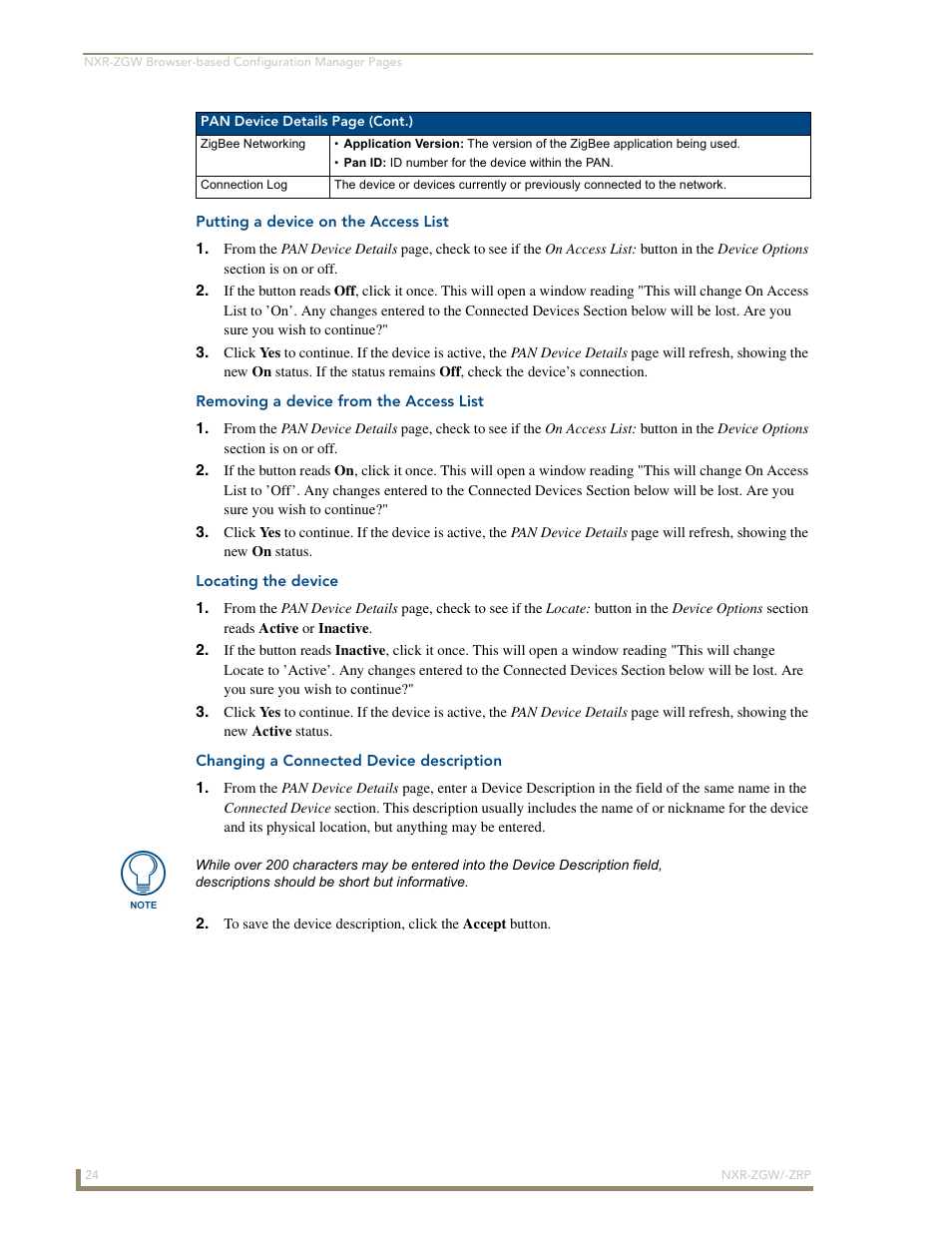 Putting a device on the access list, Removing a device from the access list, Locating the device | Changing a connected device description | AMX NetLinx ZigBee Compatible Gateway and Repeater NXR-ZGW/-ZRP User Manual | Page 30 / 42