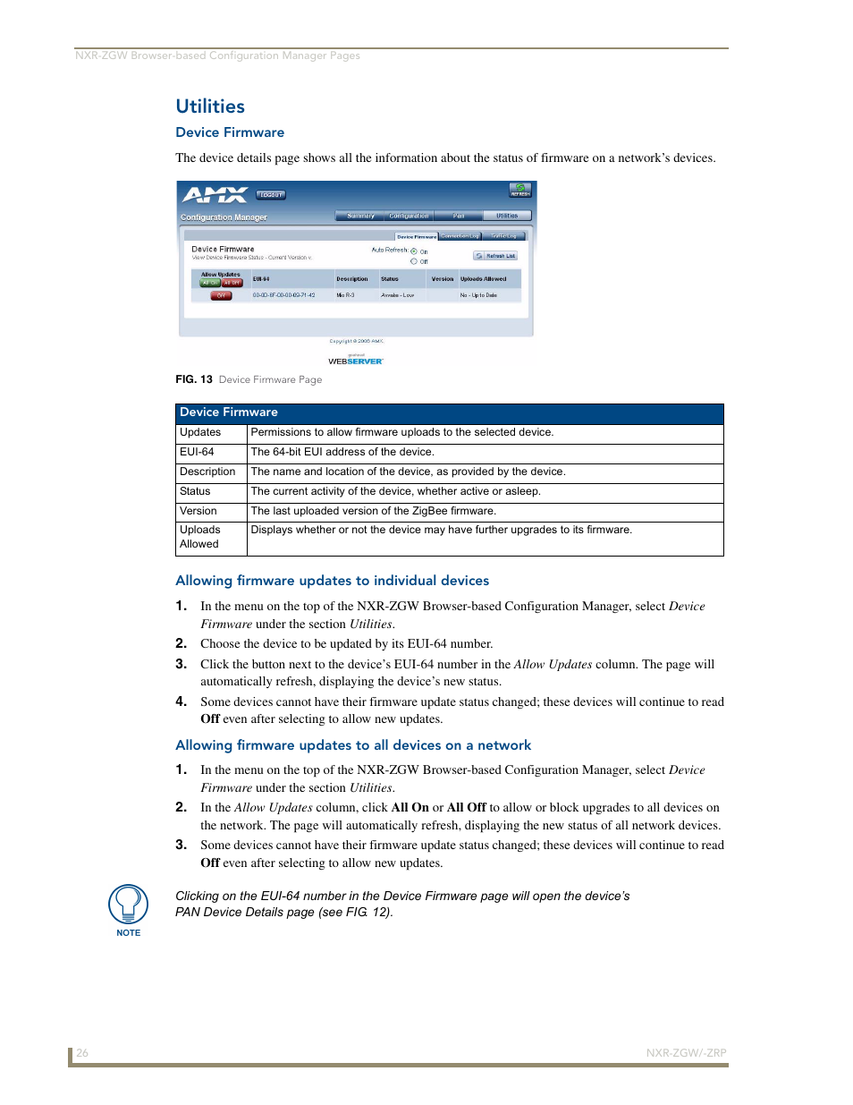 Utilities, Device firmware, Allowing firmware updates to individual devices | AMX NetLinx ZigBee Compatible Gateway and Repeater NXR-ZGW/-ZRP User Manual | Page 32 / 42