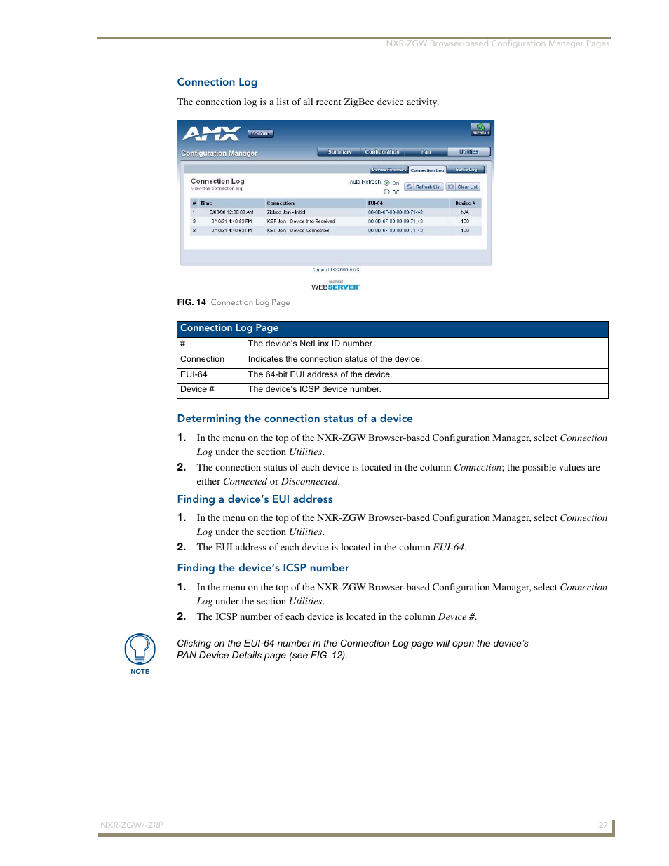 Connection log, Determining the connection status of a device, Finding the device’s icsp number | AMX NetLinx ZigBee Compatible Gateway and Repeater NXR-ZGW/-ZRP User Manual | Page 33 / 42