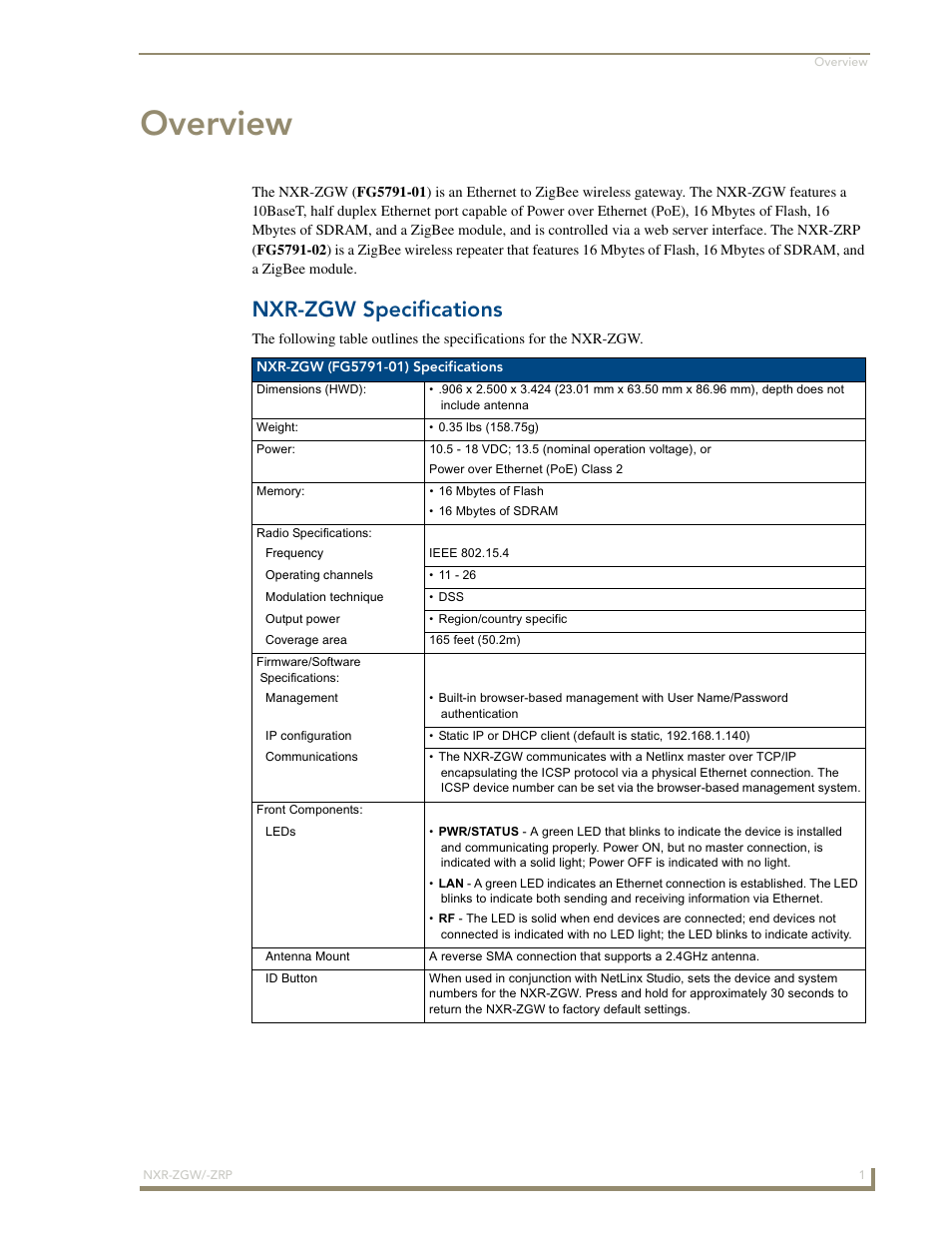 Overview, Nxr-zgw specifications | AMX NetLinx ZigBee Compatible Gateway and Repeater NXR-ZGW/-ZRP User Manual | Page 7 / 42