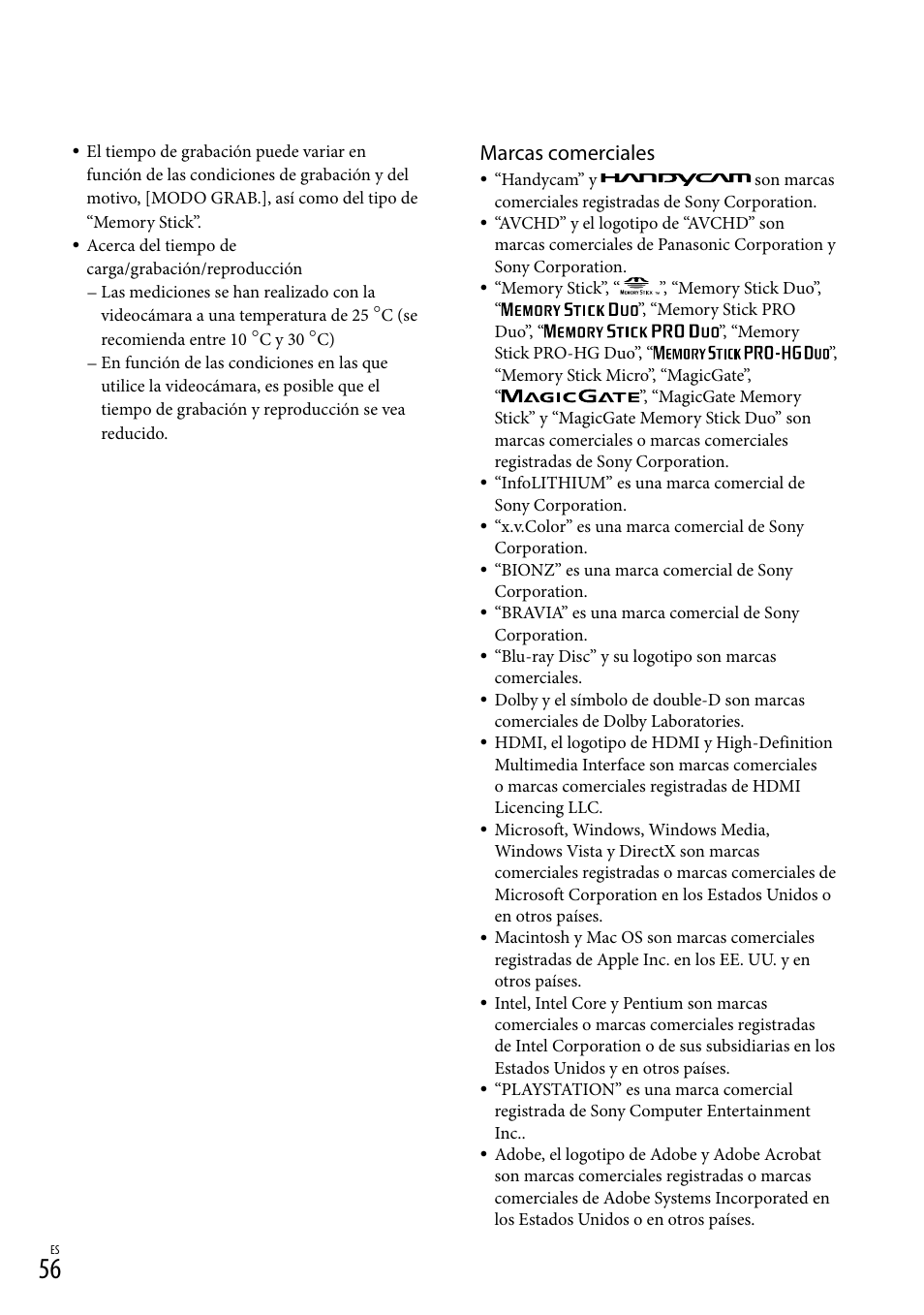 Marcas comerciales | Sony HDR-CX100 User Manual | Page 118 / 124