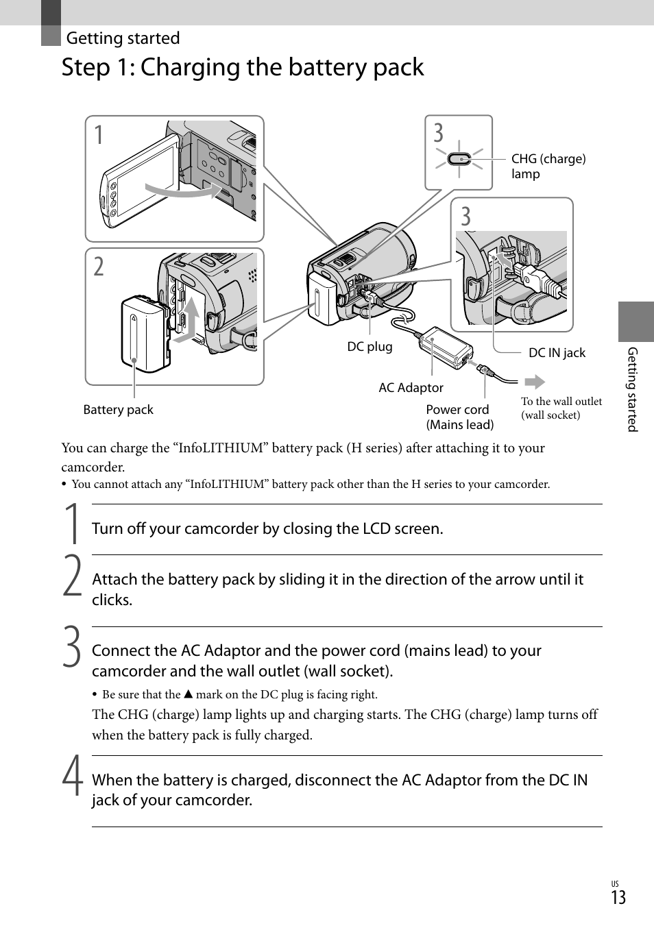Getting started, Step 1: charging the battery pack | Sony HDR-CX100 User Manual | Page 13 / 124