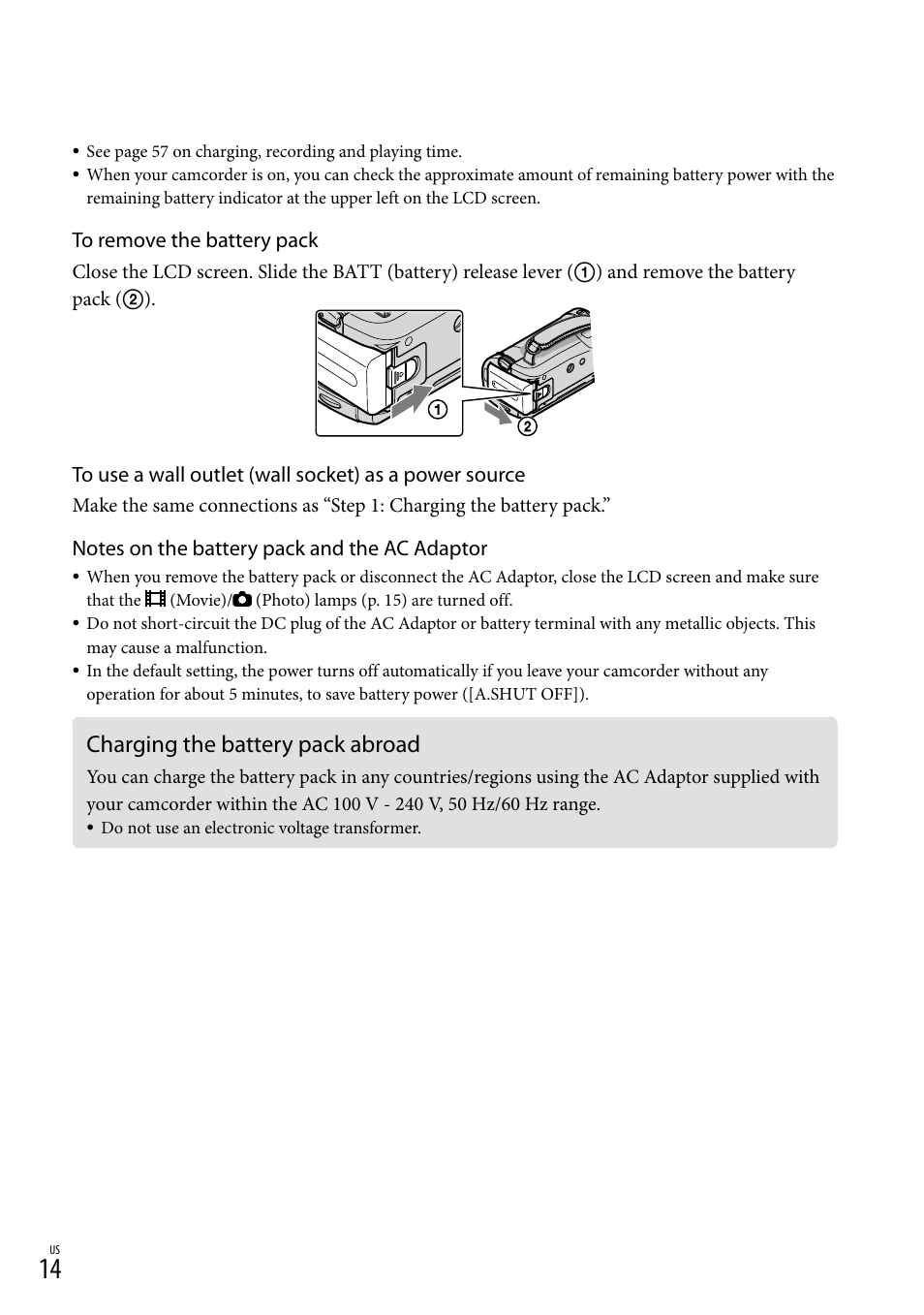 Charging the battery pack abroad | Sony HDR-CX100 User Manual | Page 14 / 124