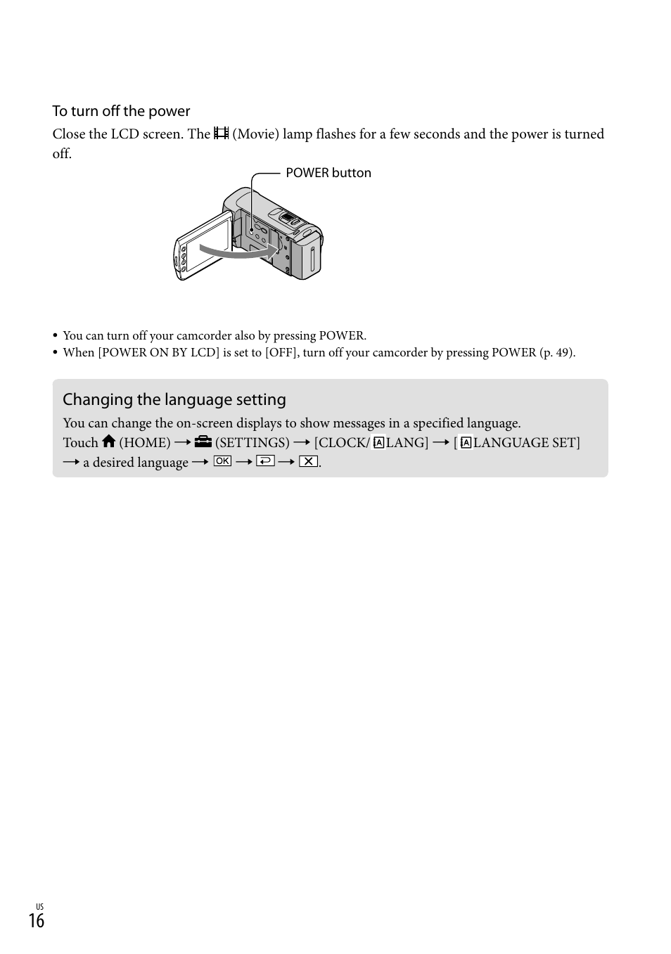 Changing the language setting | Sony HDR-CX100 User Manual | Page 16 / 124