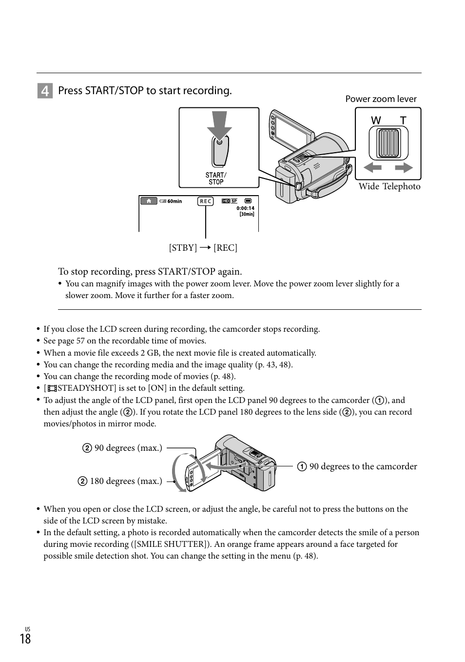 Press start/stop to start recording | Sony HDR-CX100 User Manual | Page 18 / 124
