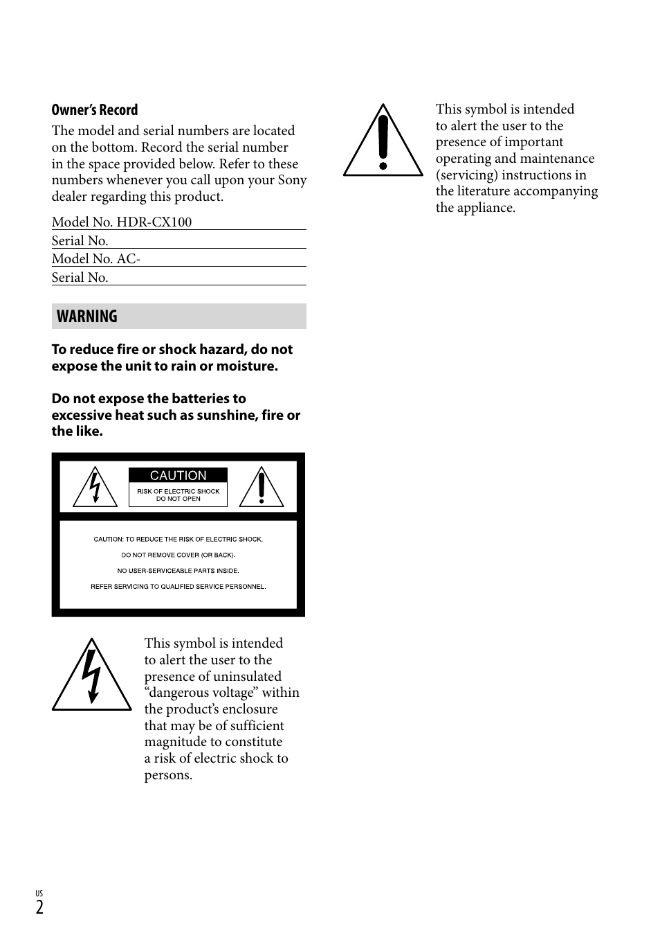 Warning | Sony HDR-CX100 User Manual | Page 2 / 124
