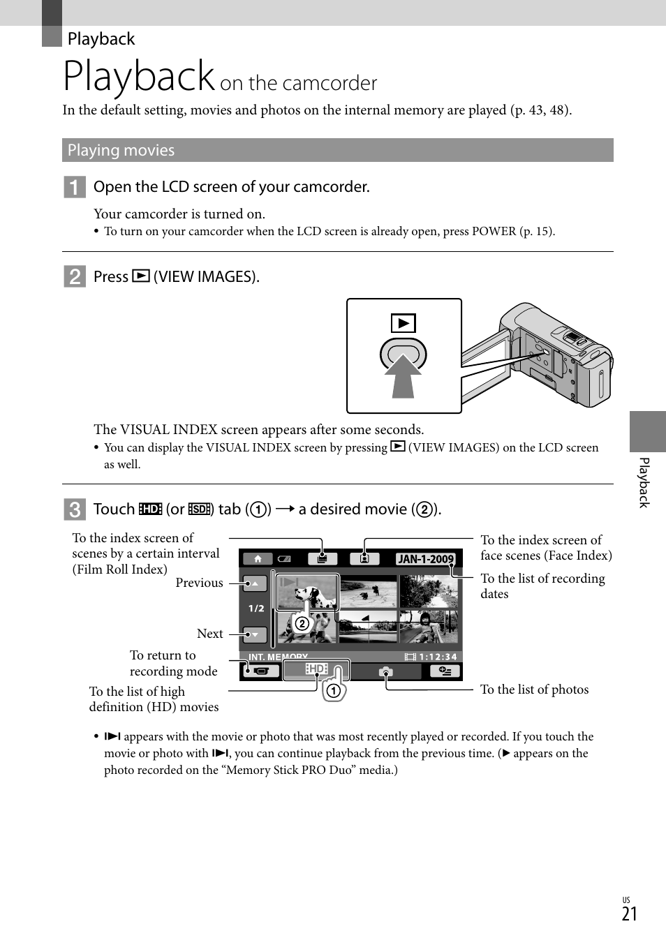 Playback, Playback on the camcorder, On the camcorder | On.the.camcorder | Sony HDR-CX100 User Manual | Page 21 / 124