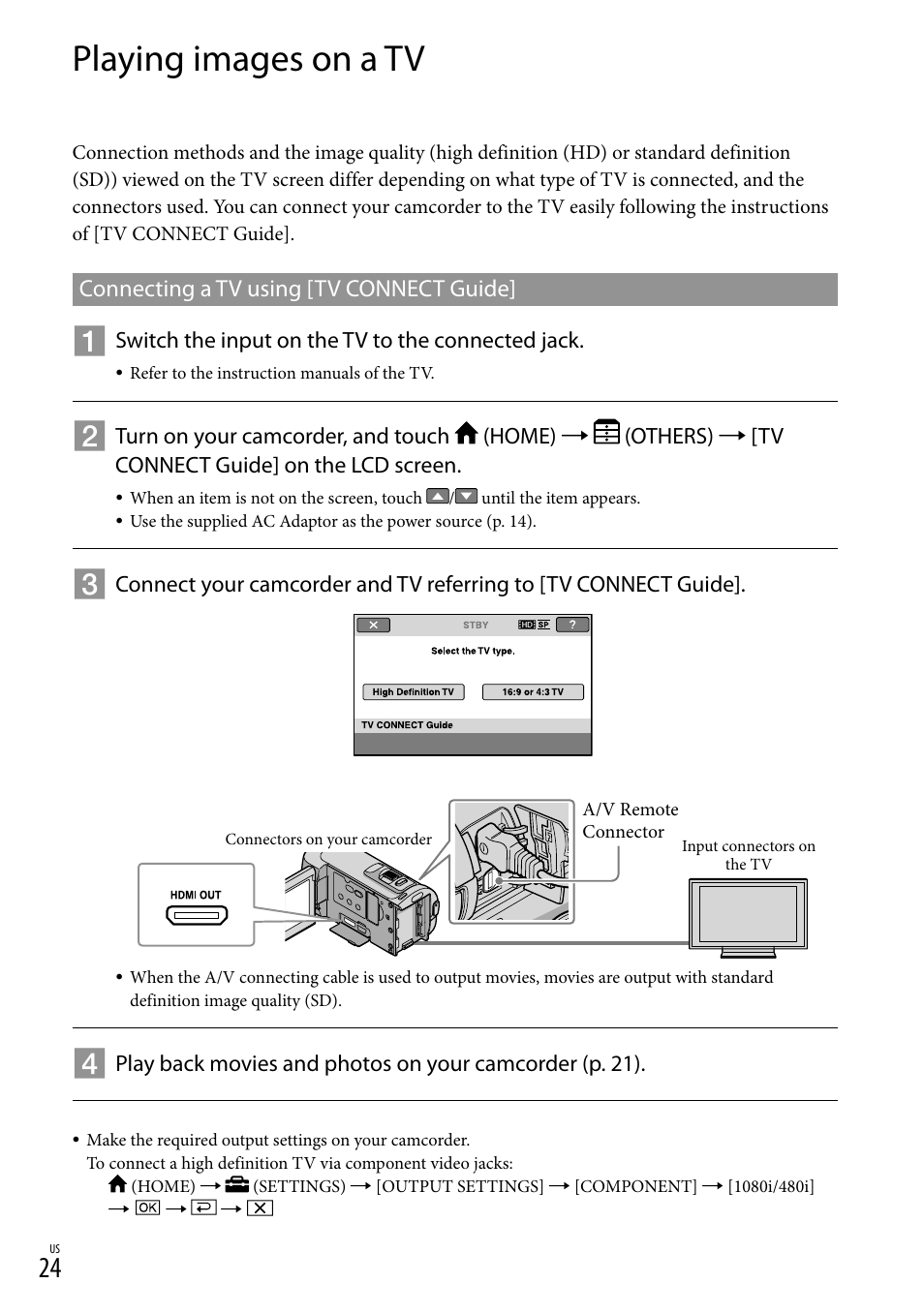 Playing images on a tv | Sony HDR-CX100 User Manual | Page 24 / 124