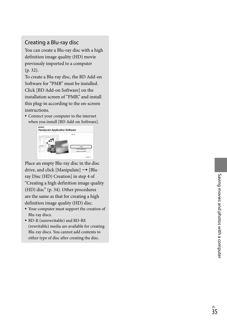 Creating a blu-ray disc | Sony HDR-CX100 User Manual | Page 35 / 124