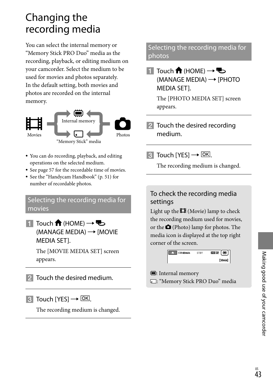 Changing the recording media, To check the recording media settings, 43). f | Sony HDR-CX100 User Manual | Page 43 / 124