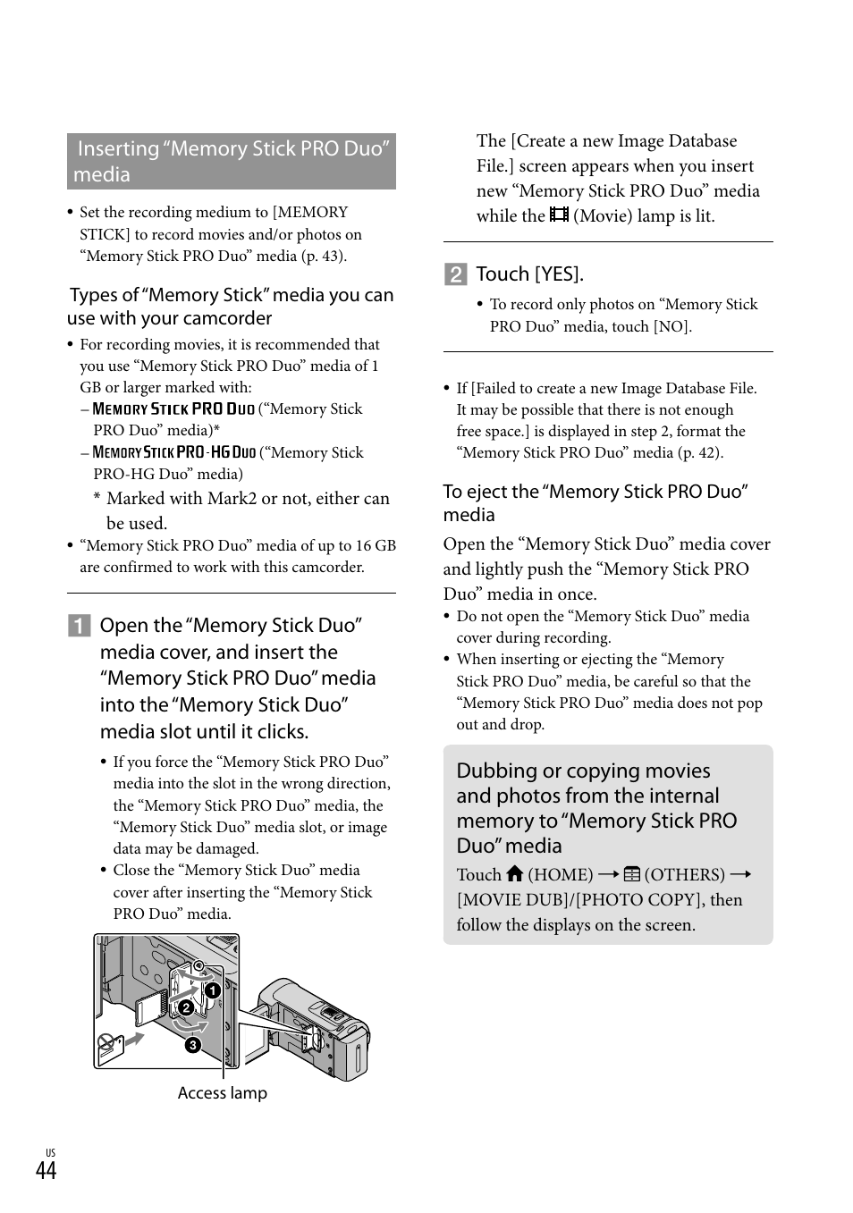 44) a, Touch [yes | Sony HDR-CX100 User Manual | Page 44 / 124