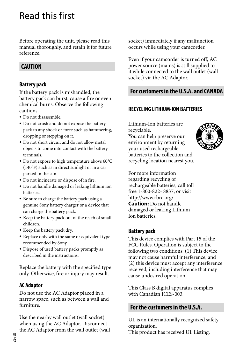 Read this first, Caution, For customers in the u.s.a. and canada | For the customers in the u.s.a | Sony HDR-CX100 User Manual | Page 6 / 124