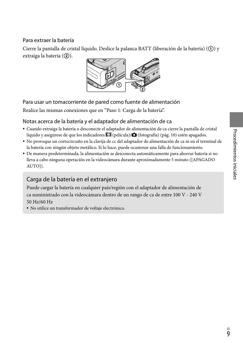 Carga de la batería en el extranjero | Sony HDR-CX100 User Manual | Page 71 / 124