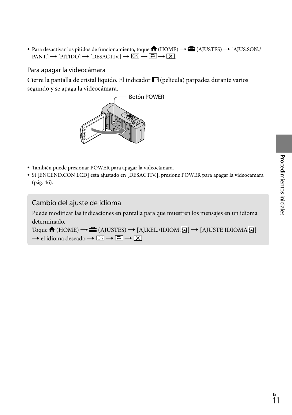 Cambio del ajuste de idioma | Sony HDR-CX100 User Manual | Page 73 / 124