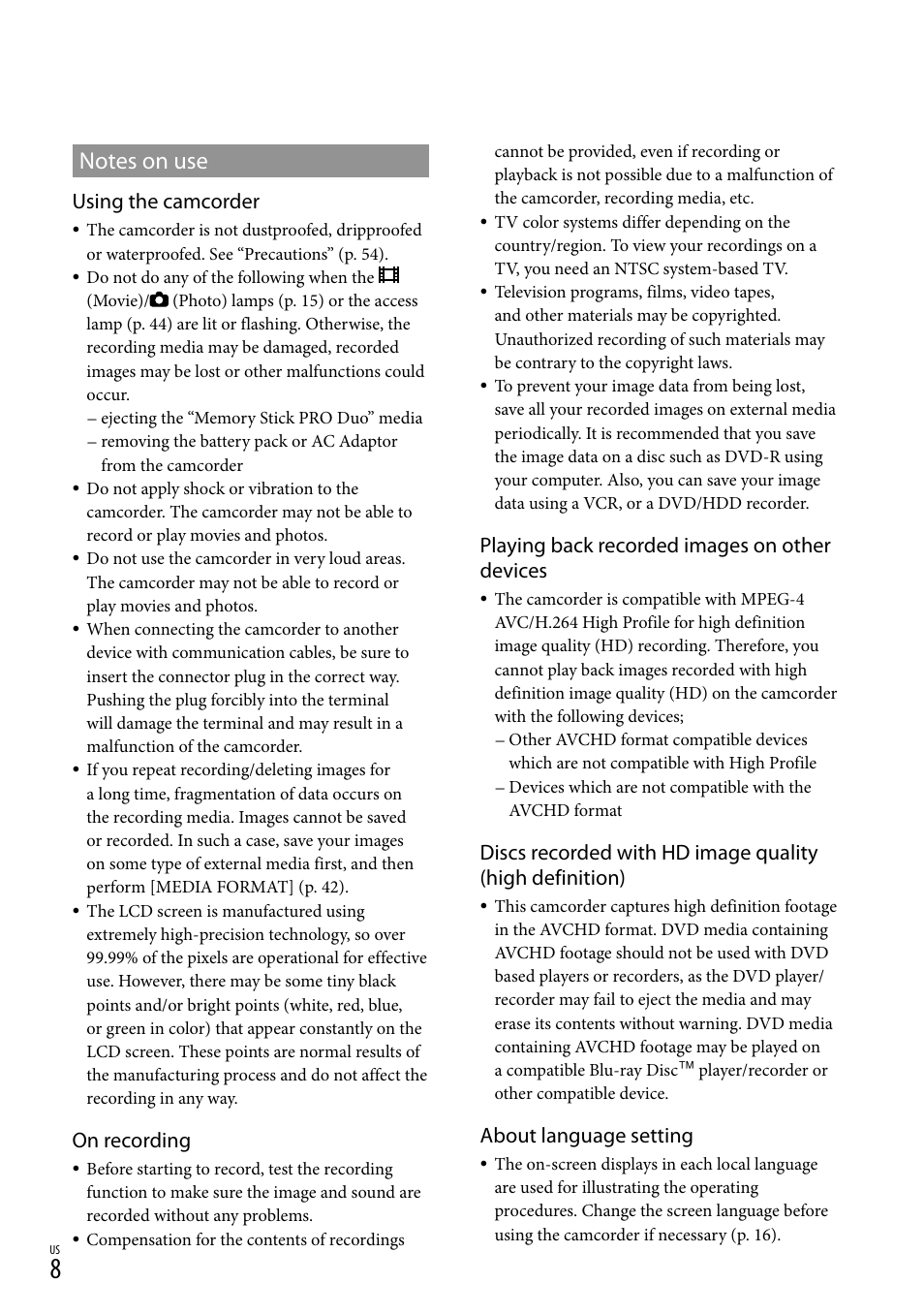 Using the camcorder, On recording, Playing back recorded images on other devices | About language setting | Sony HDR-CX100 User Manual | Page 8 / 124