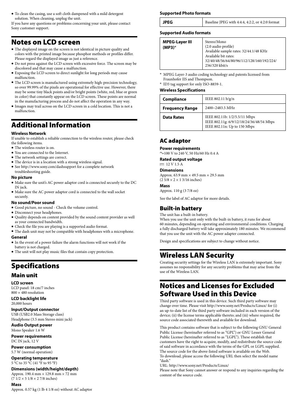 Wireless lan security, Additional information, Specifications | Ac adaptor, Built-in battery, Main unit | Sony HID-B70 User Manual | Page 2 / 2