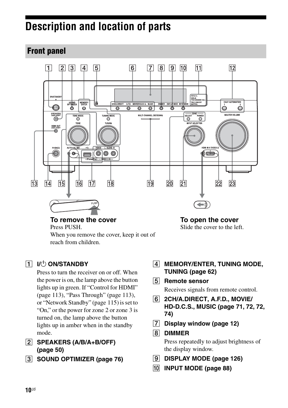 Description and location of parts, Front panel | Sony STR-DA5700ES User Manual | Page 10 / 155