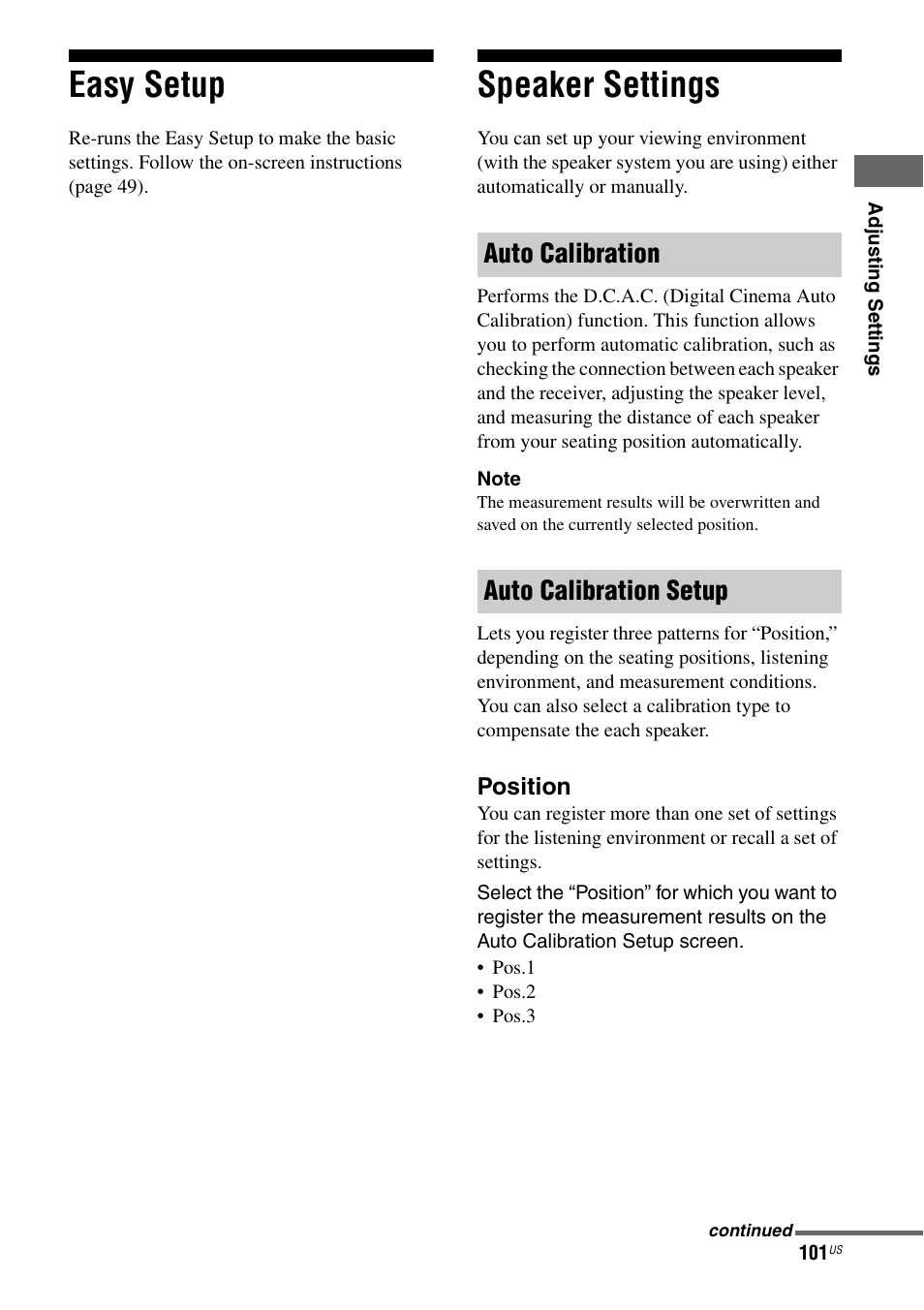 Easy setup, Speaker settings, Easy setup speaker settings | Auto calibration auto calibration setup | Sony STR-DA5700ES User Manual | Page 101 / 155