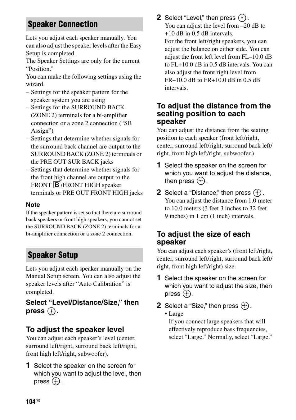 Speaker connection speaker setup | Sony STR-DA5700ES User Manual | Page 104 / 155