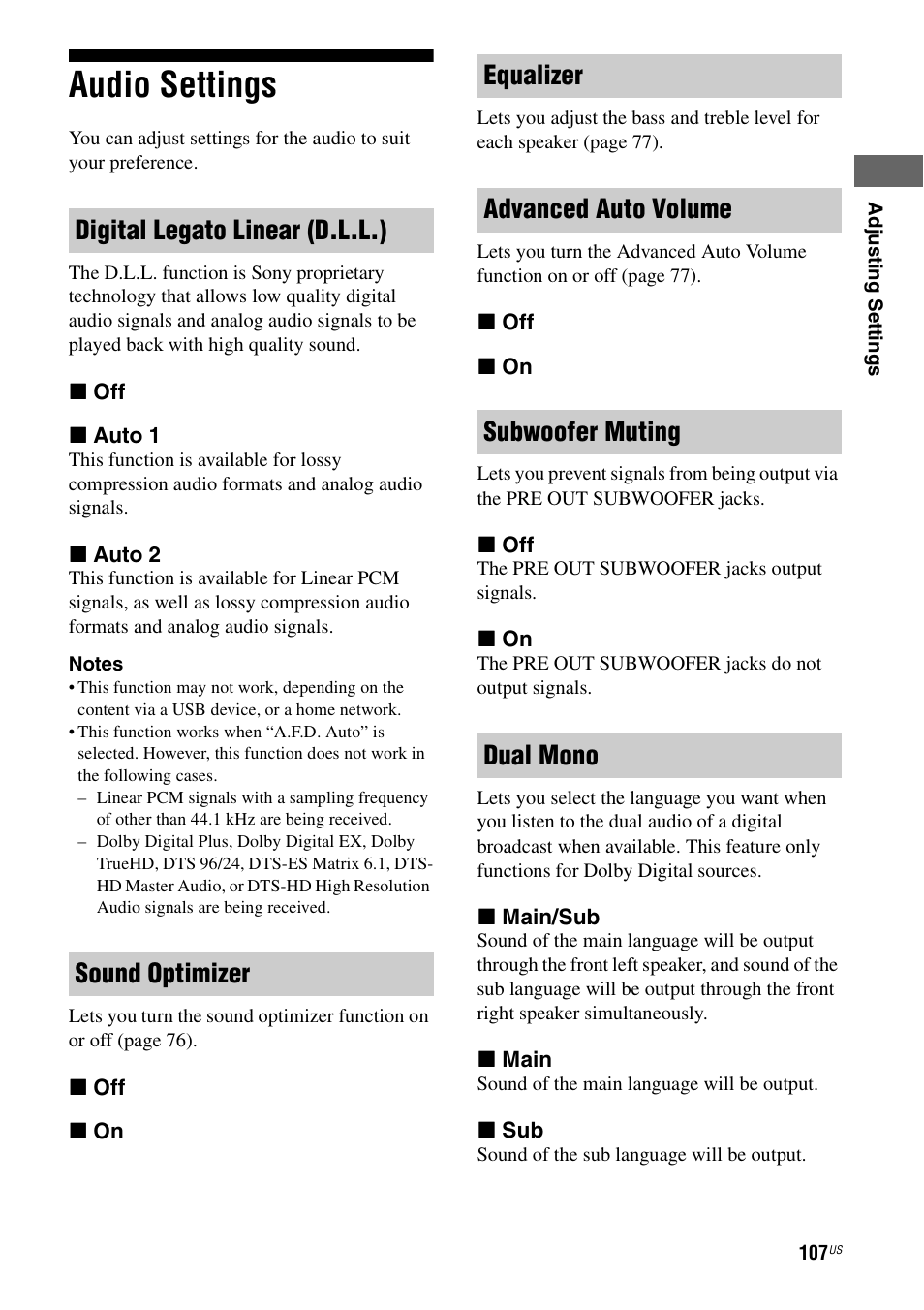 Audio settings | Sony STR-DA5700ES User Manual | Page 107 / 155