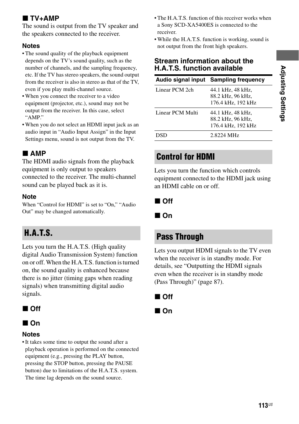 H.a.t.s, Control for hdmi pass through | Sony STR-DA5700ES User Manual | Page 113 / 155