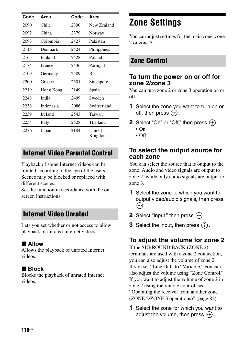 Zone settings, Zone control | Sony STR-DA5700ES User Manual | Page 116 / 155