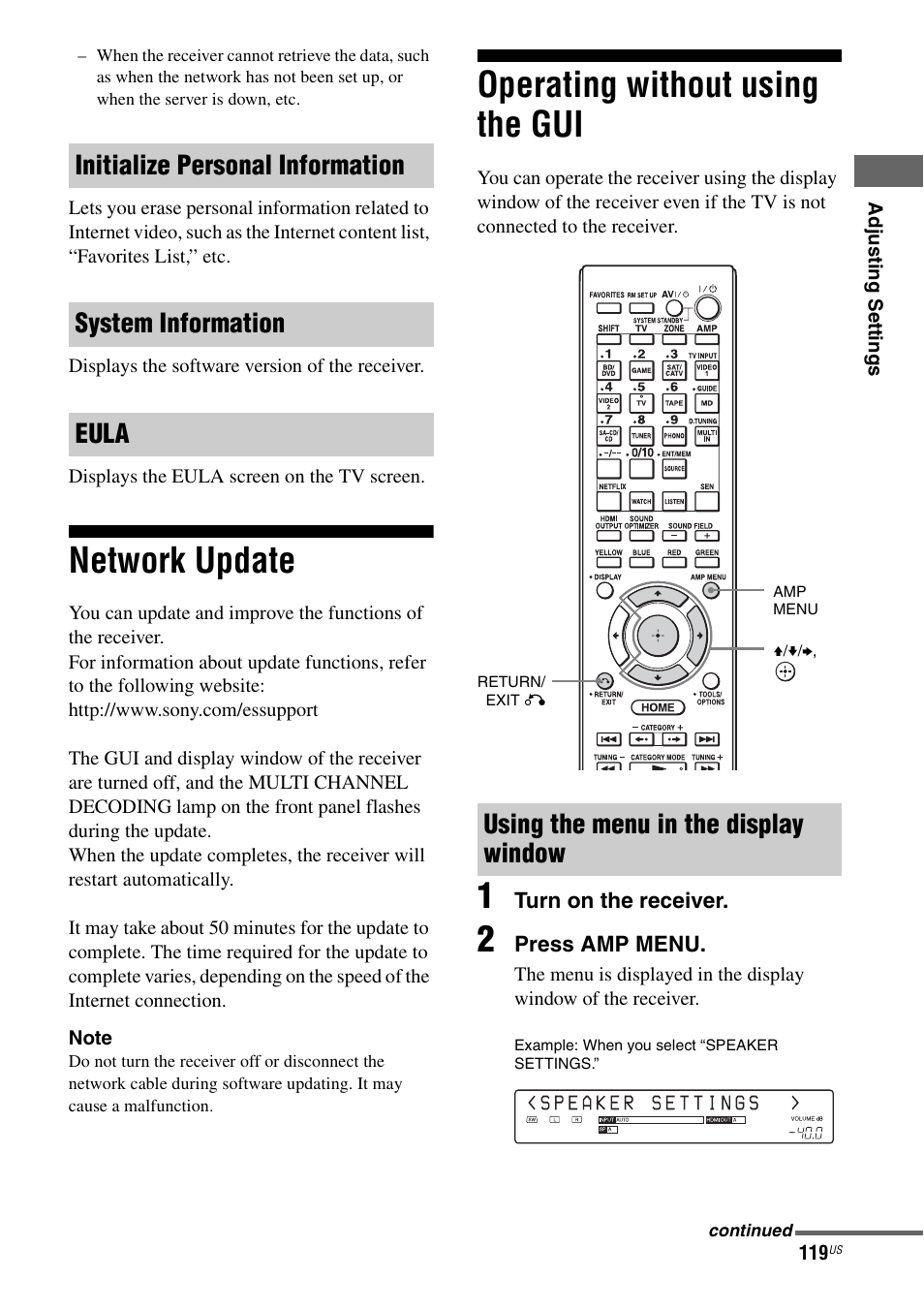 Network update, Operating without using the gui, Network update operating without using the gui | Sony STR-DA5700ES User Manual | Page 119 / 155
