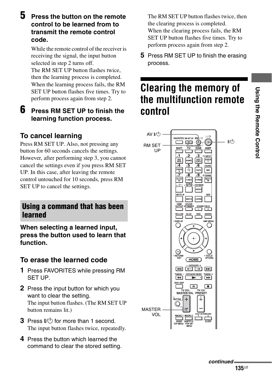 Clearing the memory of the multifunction, Remote control, Using a command that has been learned | Sony STR-DA5700ES User Manual | Page 135 / 155