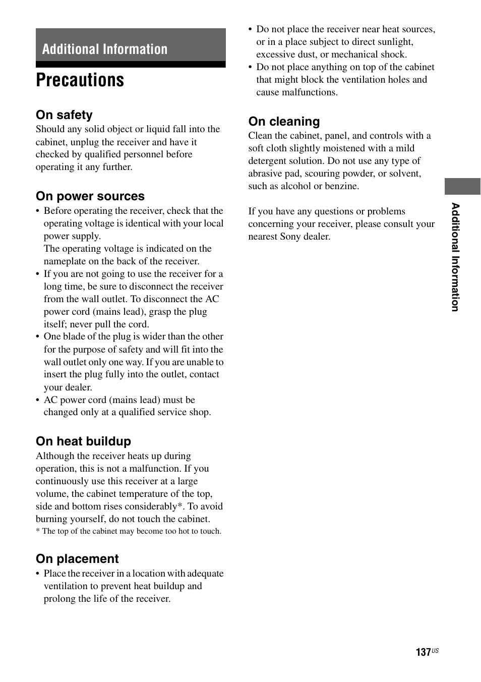 Additional information, Precautions | Sony STR-DA5700ES User Manual | Page 137 / 155